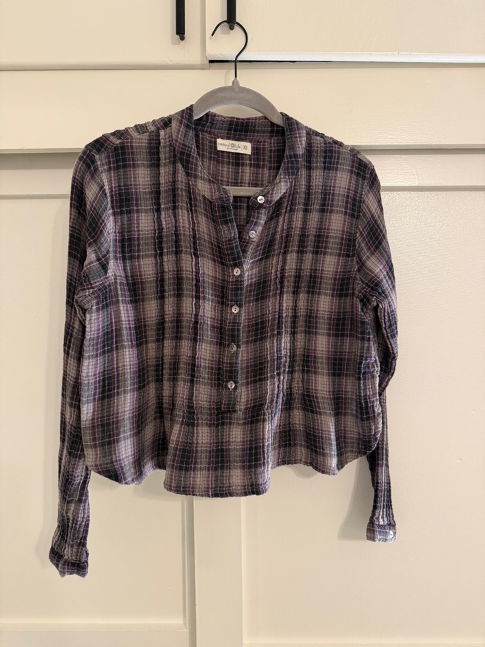 NATURAL LIFE Purple and Black Plaid Button-Front Top